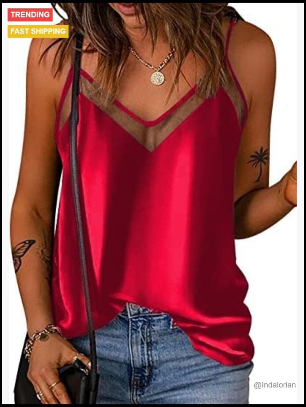 Satin Cami Tank Top Mesh V-Neck Adjustable Strap Sleeveless Camisole Blouse